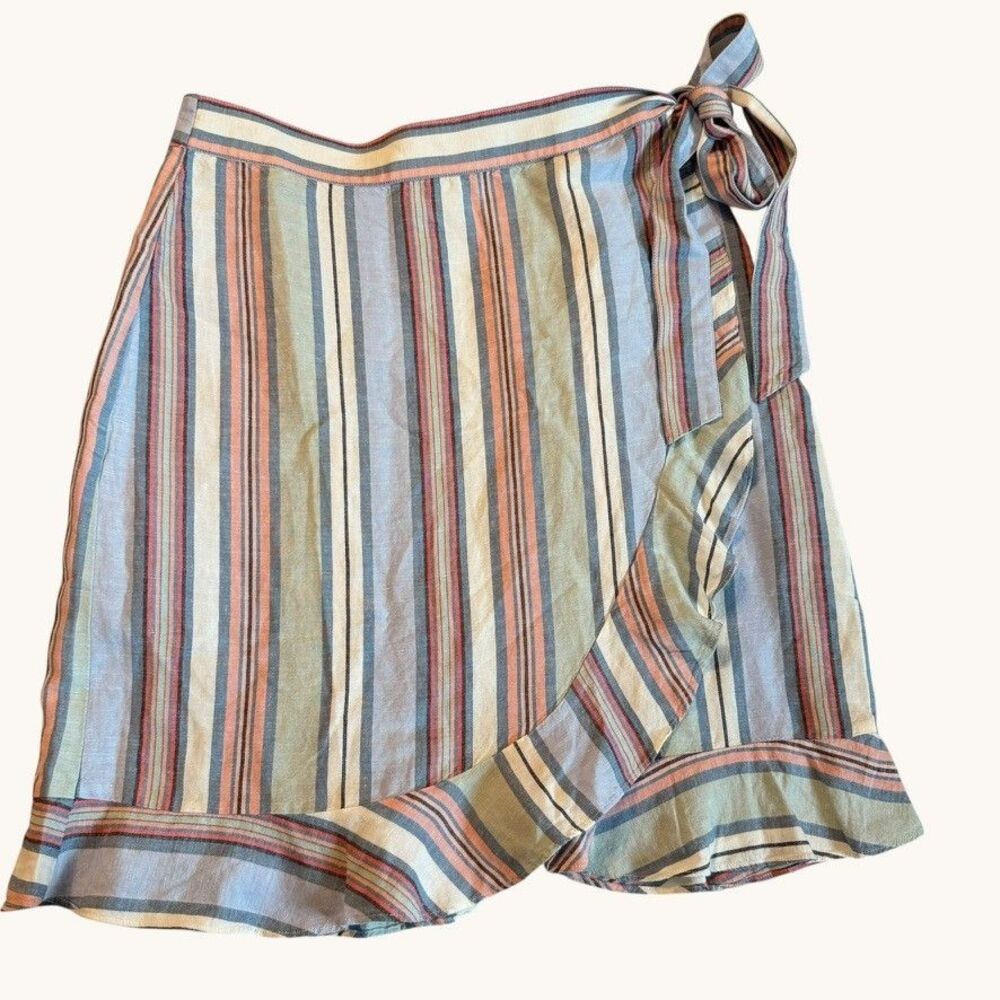 Ann Taylor Loft NWOT Size 12 Striped Ruffle Trim Linen Blend Faux Wrap Skirt